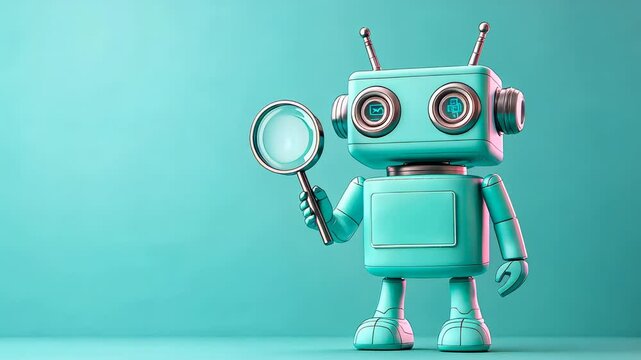 A cute turquoise robot holding a magnifying glass, set against a soft pastel background