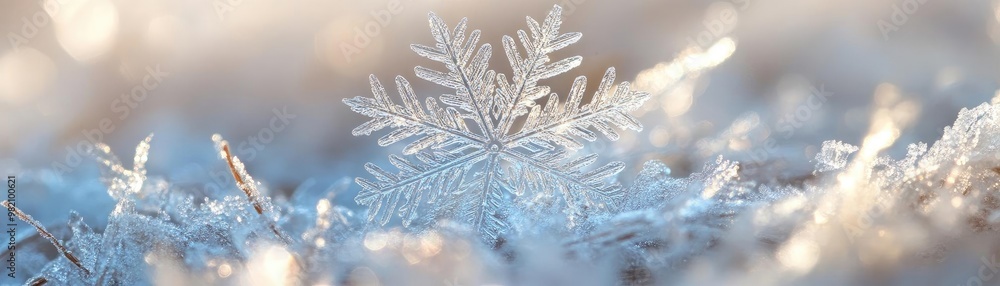 Poster a close-up view of a beautiful snowflake resting on a bed of frost, showcasing intricate patterns an