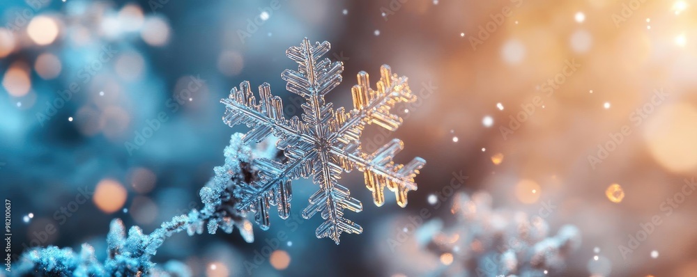 Poster a close-up of a snowflake with intricate details, sparkling against a soft bokeh winter background, 