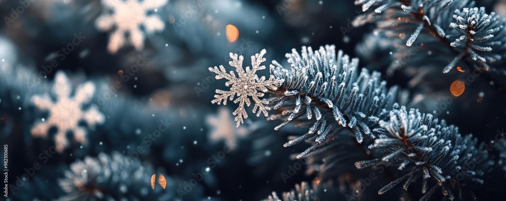 Poster close-up of snowy pine tree branches adorned with sparkling snowflakes, creating a winter wonderland