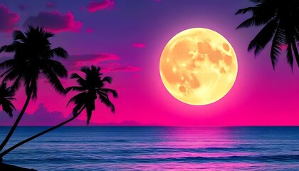A large glowing moon over a serene ocean with palm trees silhouetted against a vibrant pink and purple sky