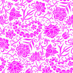 Doodle, swirl hand drawn pattern, pink coloured flowers, white background. Seamless floral pattern-404.