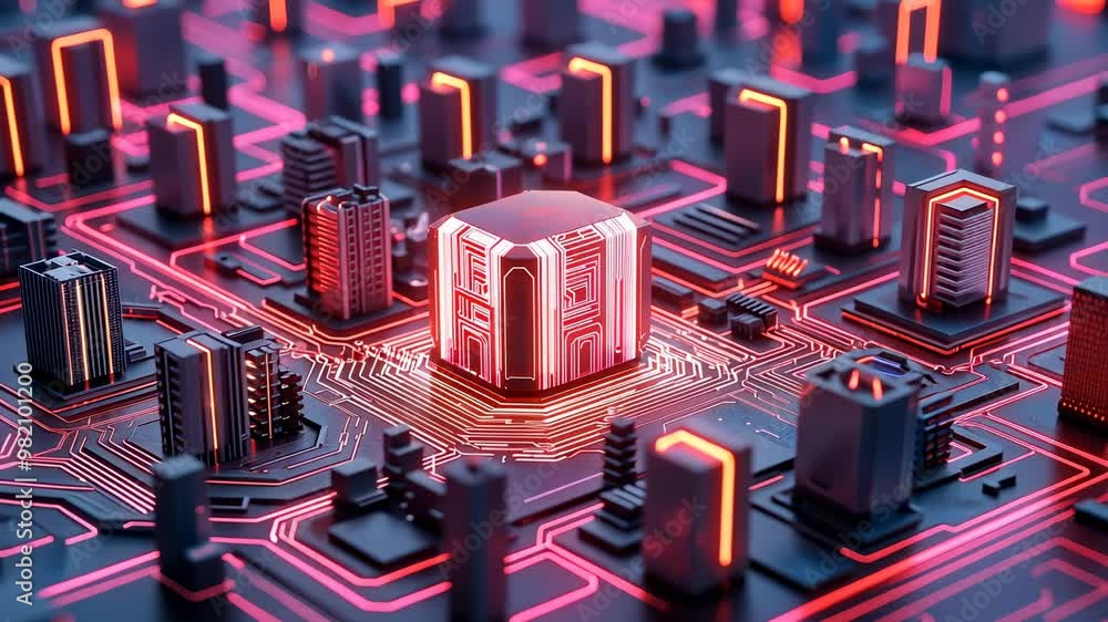 Poster futuristic circuit board with glowing components and central processor