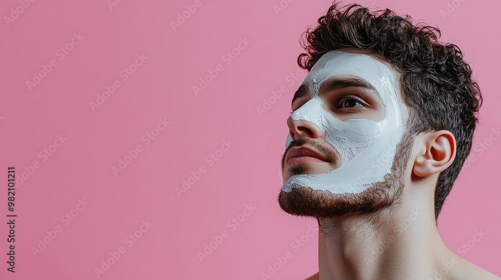 Poster young man applying a facial mask while relaxing with a calm expression against a pink background