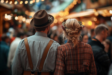 Obraz premium A traditional German couple joyfully toasting beers at Oktoberfest, captured in soft daylight with a telephoto lens, radiating warmth and festivity.