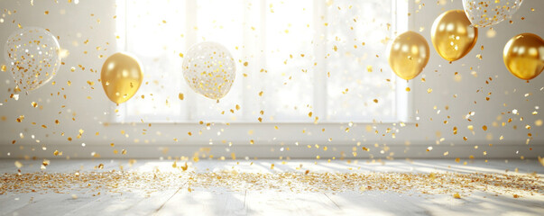 A room with a window and a bunch of gold and white balloons. The balloons are scattered all over the room, creating a festive and celebratory atmosphere