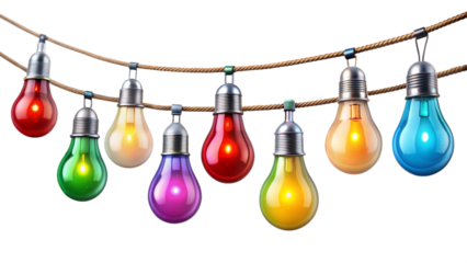 A lively garland of colored light bulbs in the shower, a festive decoration. transparent background
