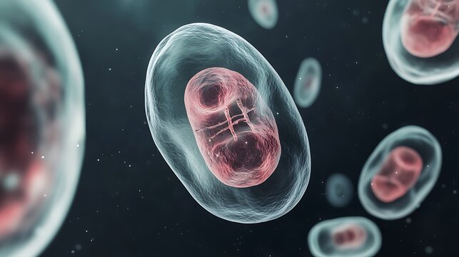A singlecelled organism in the process of binary fission with the nucleus beginning to divide