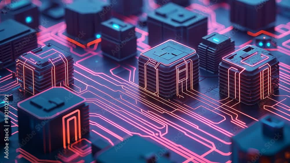 Poster a vibrant close-up of a circuit board with glowing components and intricate pathways