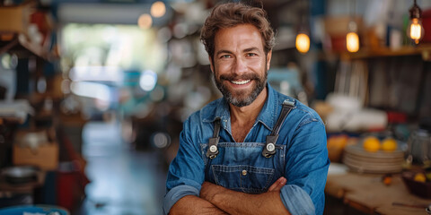 A mechanic in blue overalls, holding a wrench, standing in an auto repair shop, smiling.
