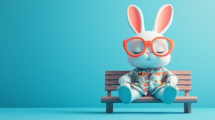 Obraz premium Adorable Chibi Rabbit Character in Funky Outfit Relaxing on Bench - 3D Render Illustration with Soft Blue Gradient Background