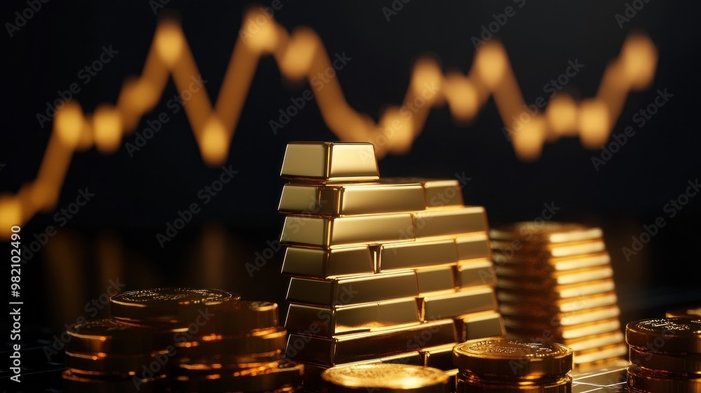 Poster a stack of gold bars and coins with a fluctuating graph in the background, symbolizing wealth.
