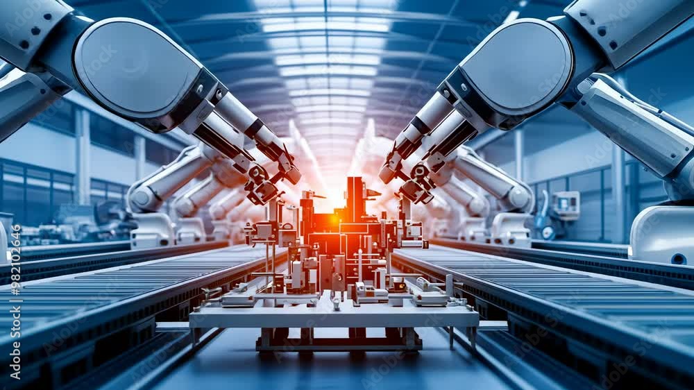 Poster futuristic factory scene with robotic arms operating along a conveyor belt in a high-tech environmen