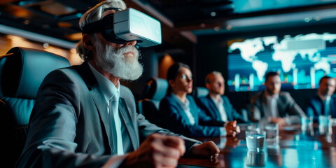 Businessman wearing VR goggles, interacting with a 3D virtual conference room, with avatars of colleagues.