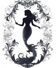 A silhouette of a mermaid surrounded by ornate floral designs.