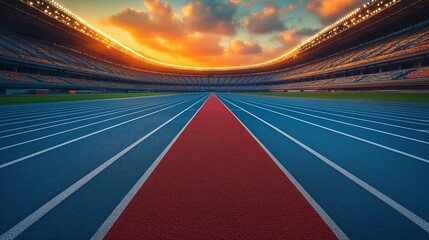 Empty running track in a stadium at sunset, perfect for sports events and athletic competitions