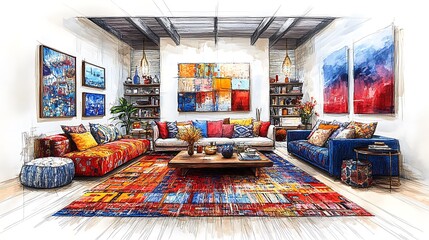 A creative eclectic living room sketch with a mix of bold patterns, a vibrant rug, and unique art pieces on the walls. The space is filled with colorful, mismatched furniture and eclectic decor,