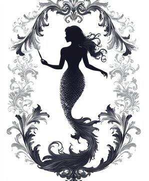 recommend clip art: A silhouette of a mermaid surrounded by ornate floral designs.