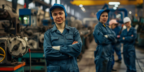 Fototapeta premium A group of factory workers in uniform, standing in a factory, all smiling.