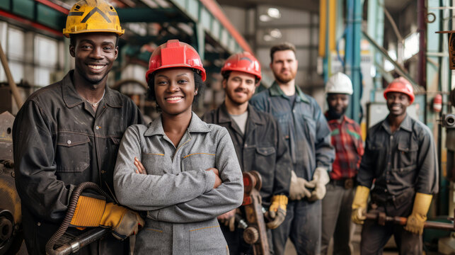 A group of factory workers in uniform, standing in a factory, all smiling.