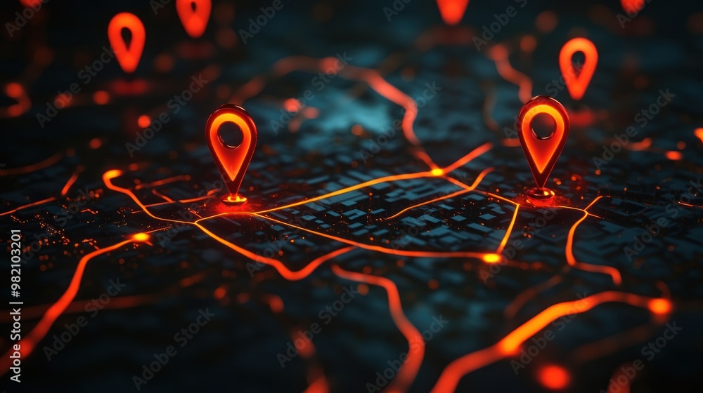 Poster a digital map with glowing location pins and interconnected lines, representing navigation.