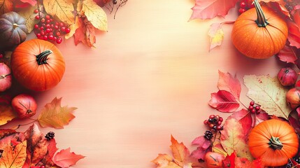 Autumn-themed banner featuring pumpkins, colorful leaves, and berries scattered across a wooden table, with soft natural lighting and plenty of copy space.