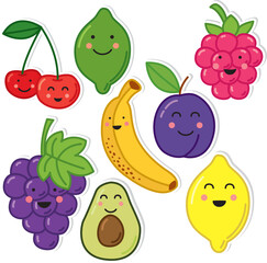 Cute hand drawn kawaii fruits stickers. Colorful smiling characters