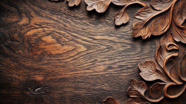 Intricate wood carving on rustic wooden background, perfect for nature-inspired projects or vintage designs.