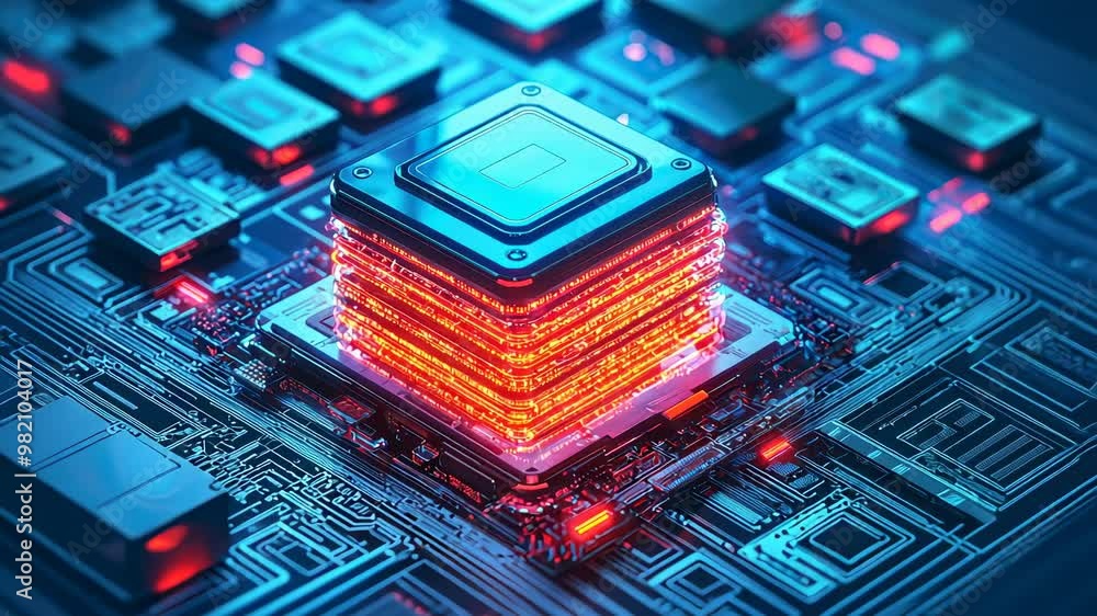 Poster glowing microprocessor surrounded by intricate circuitry