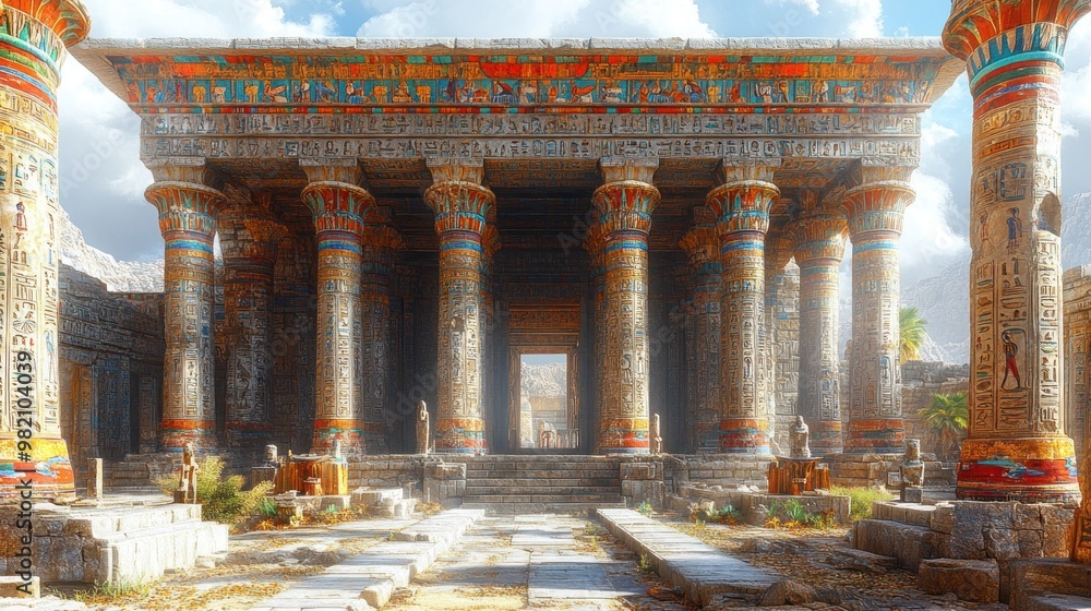 Poster ancient temple with colorful columns and hieroglyphics.
