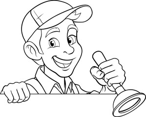 A plumber handyman plumbing construction cartoon mascot man holding a drain plunger tool.