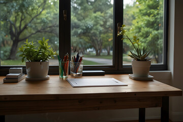 A blank desk calendar beside a glass of pens and a small potted plant, forming a clean and orderly workspace prompt