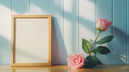 Blank frame poster and a single pink rose resting on a table. A simple yet stylish scene, great for displaying mockups or home decor inspirations.