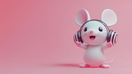 Fototapeta premium Adorable Chibi Mouse Character Dancing Happily in Stylish Outfit and Oversized Headphones on Pink Gradient Background - 3D Render Illustration
