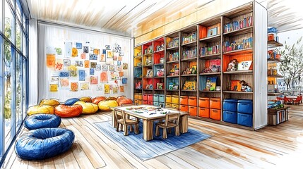 Naklejka premium A kids playroom sketch with a central arts and crafts table, colorful storage, and a soft reading area with bean bags. The walls are covered with playful, child-friendly art,