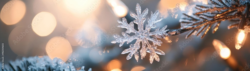 Poster close-up of a snowflake on a frosty branch, illuminated by soft bokeh lights for a magical winter at