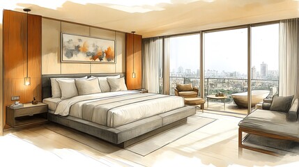 A luxury hotel suite sketch featuring a king-size bed with plush linens, floor-to-ceiling windows overlooking a cityscape, and a modern en-suite bathroom. The space is filled with soft natural light,