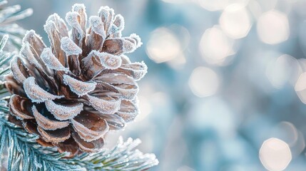 Fototapeta premium A close-up of a frosted pine cone resting on a snowy surface, surrounded by a serene winter landscape with sparkling bokeh.