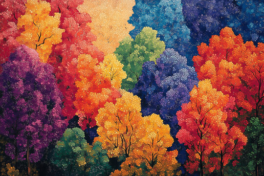Aerial shot of treetops depicted with countless tiny dots of color