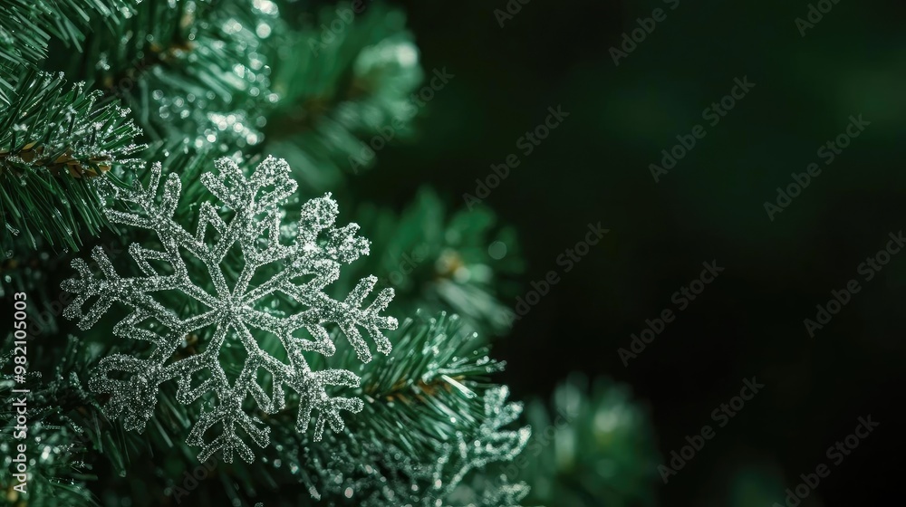 Poster a close-up of a snowflake resting on lush green pine branches, creating a serene winter atmosphere.