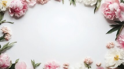A floral arrangement of pink and white peonies framing a blank space for text or design.