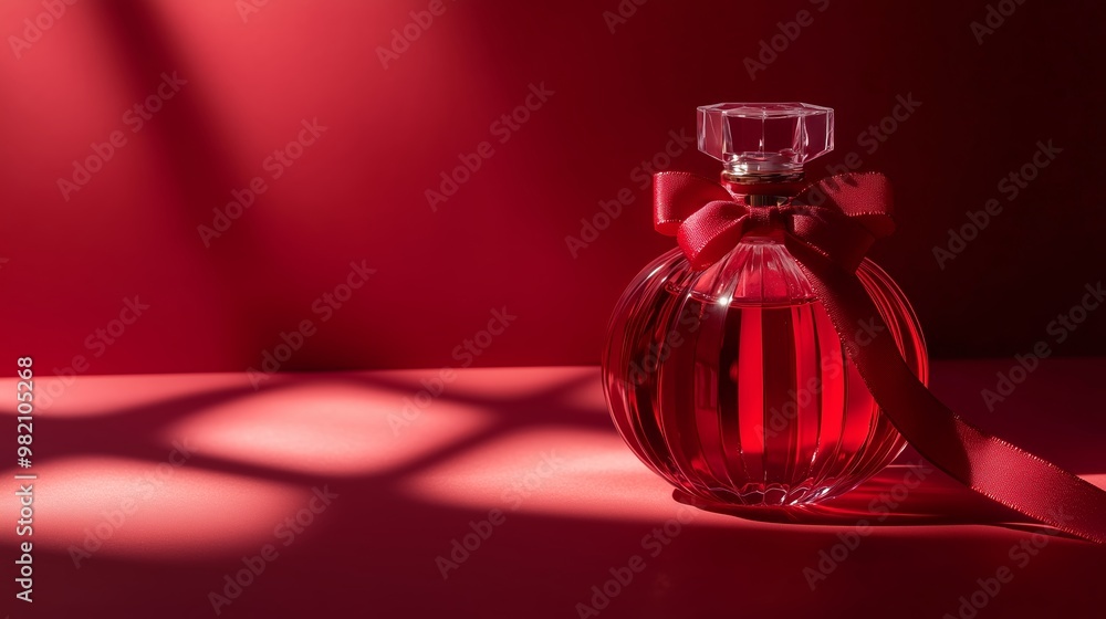Poster elegant red perfume bottle with ribbon on a red background highlighting its shape and reflections in
