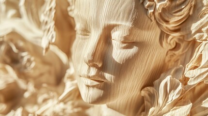 Intricate wooden sculpture of a serene face with detailed carvings, showcasing fine craftsmanship and artistic beauty in natural wood texture.