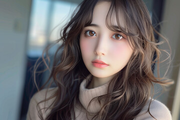 Naklejka premium 柔らかい雰囲気の美人、シンプルで上品な女性