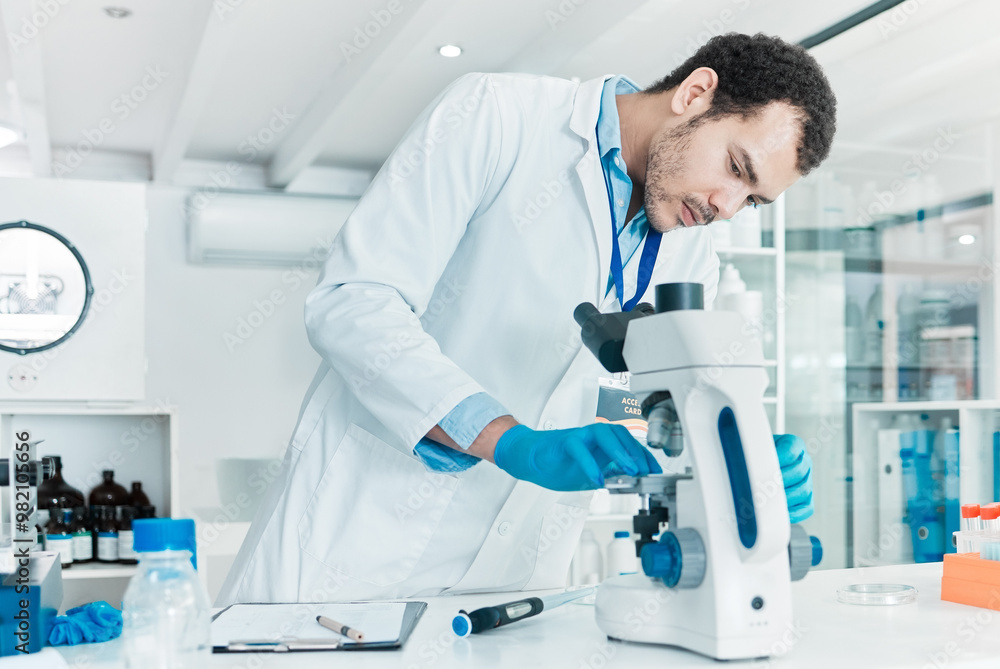 Poster scientist, man and microscope in lab with analysis of glass plate for vaccine sample and medical res