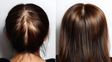 Fototapeta premium Hair regrowth process explained in an infographic, showcasing treatment steps alongside before-and-after photos of thinning hair transformed into a fuller, natural look
