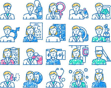 medical speciality health treat doodle icons set vector. sketch line art dentist and oculist, immunologist and therapist, gynecologist and urologist doctor hospital medical color illustrations