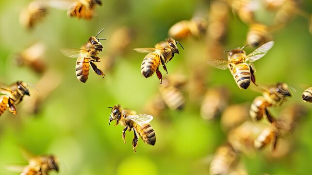 Busy bees flying around the hive entrance on a warm spring day, showcasing the vibrant activity of a heavily populated honey bee colony in action.