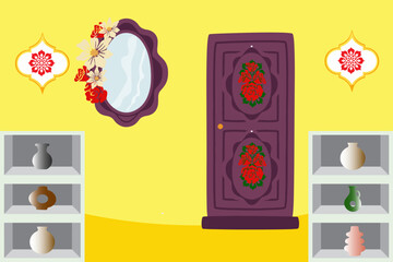 Cozy home interior design concept featuring a living room with a mirror and a vase set. Vector illustration in flat style