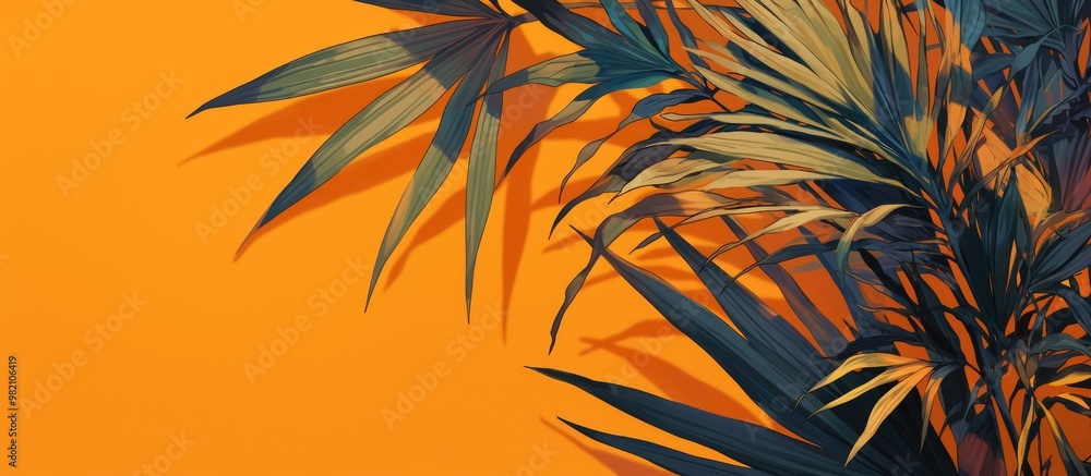 Wall mural Close up of a palm leaf against an orange background